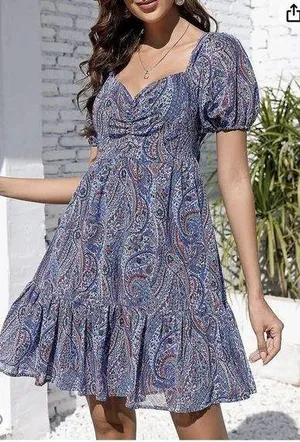 Kojooin Puff Sleeve Tie Back Ruffled Dress Navy Paisley Women’s XL NWT thumbnail 1