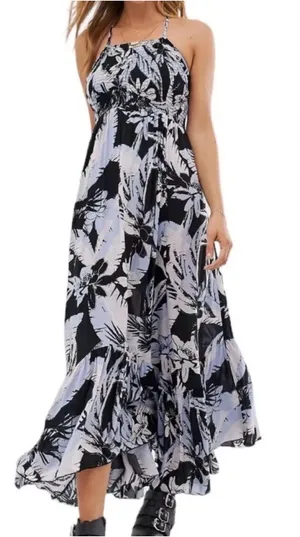 Free People Intimately Tropical Floral Smocked Halter Maxi Dress Black Blue S thumbnail 1