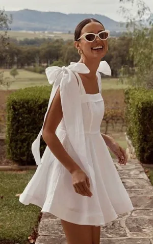 DISSH Aisle White 100% Linen Bow Square Neck Mini Dress thumbnail 1