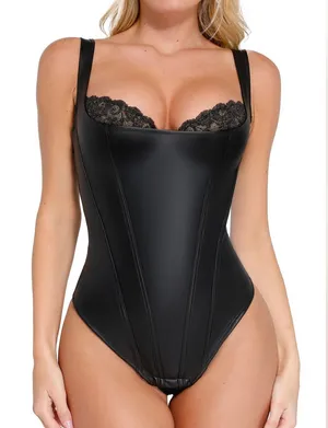 NWT Popilush‎ Faux Leather Corset Tummy Control Lace Thong Bodysuit Small thumbnail 1