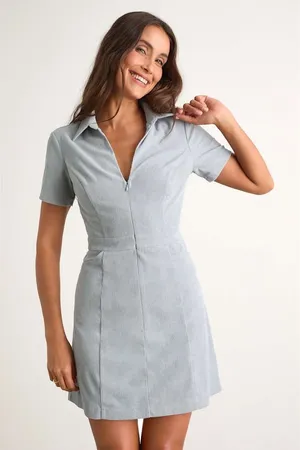 NWT Lulus Go-Getter Light Blue Corduroy Mini Dress With Pockets Casual Size XL thumbnail 1