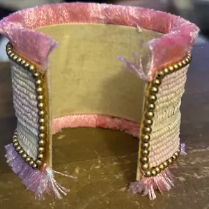 Handmade wide beaded cuff bracelet w/rhinestones and pink fringe thumbnail 5