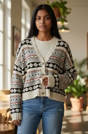 American Eagle Women’s Multicolored Cropped Cardigan Ski Sweater Size Large‎ thumbnail 1