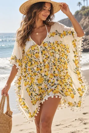 Farm Rio Pear Crochet Pom Pom Beach Cover Up Kaftan Summer Oversized Size S thumbnail 1
