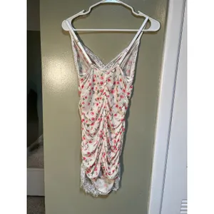 Women's Sz Medium Lace Edge Floral Print Slip Dress White Pink V-Neck Sheer Mini thumbnail 8