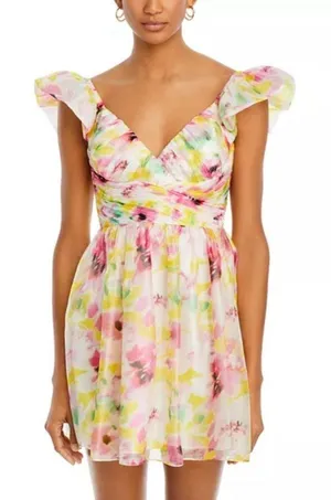 AQUA Floral Mini Dress V-Neck Ruffled thumbnail 1