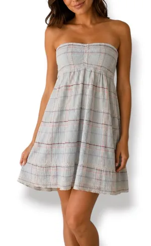 True Craft Plaid Gauze Strapless Mini Dress Baby Blue‎ Cottagecore Boho XL New thumbnail 1