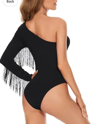 One Shoulder Fringe Bodysuit Black thumbnail 2