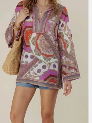 NWT HALE BOB Joanna Voile Fuchsia Beaded Long Flared Sleeve Tunic Top Silk Blend thumbnail 3