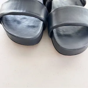 Beautiisoles Navy Blue Double-Strap Leather Minimalist Summer Slide Sandals thumbnail 3