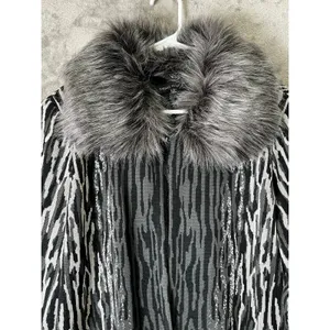 Ming Wang L Black Gray Animal Print Faux Fur Collar Statement Jacket Y2K Baddie thumbnail 2
