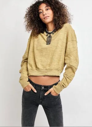 Free People 5 Star Tee Golden Palm Raw Hems Distressed Grunge Sweatshirt M thumbnail 1