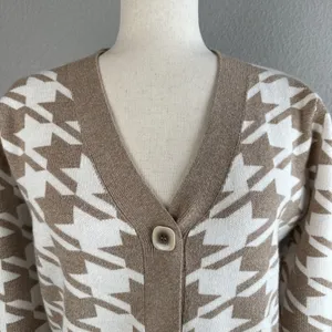 Joie Crop Houndstooth V-Neck‎ Button Cardigan Size XS Puff Sleeve Beige White thumbnail 2