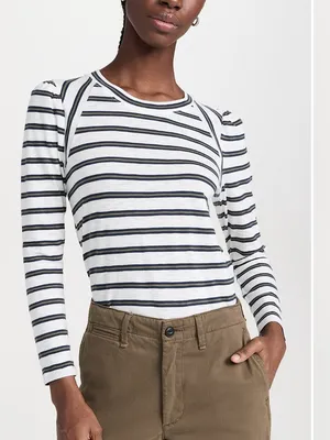 Veronica Beard Mason Baseball Tee Striped Ecru Slate XS $178 thumbnail 8