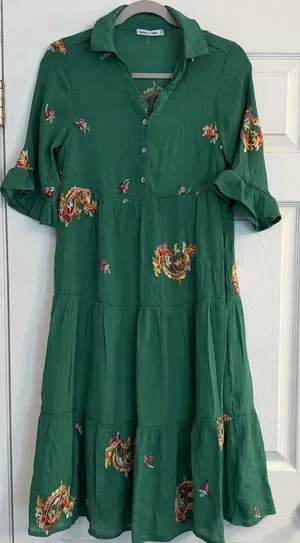 Figueroa & Flower Tiered Maxi Dress Green‎ Boho Peasant Floral Garden Party MED thumbnail 1