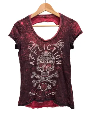 Affliction Women’s Tee Cutout Red Graphic Skull Shirt Size Small thumbnail 1