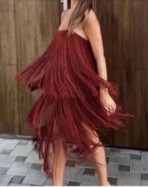 Zara Brown/Plum Sleeveless Fringe Midi Dress (Size Small) thumbnail 1