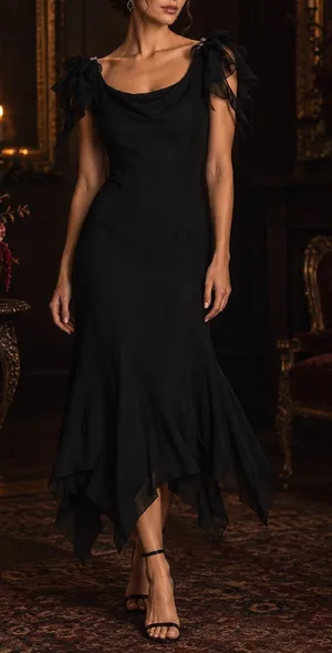 Vintage Alex Evenings Black Chiffon Midi Dress Handkerchief Hem Witchy 90s Y2K thumbnail 1