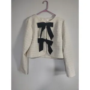 Line & Dot Kinzie Top, ivory cropped tweed jacket. Bow Detail Cropped Wool Poly thumbnail 8