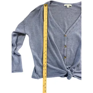 American Eagle Ribbed Knit Button Front Top Tie Front Twist Hem‎ Blue Medium thumbnail 3