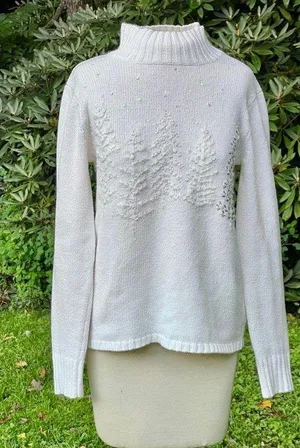 Coldwater Creek Womens XS Winter White Christmas Tree Sweater Holiday Party Cream Beige thumbnail 1