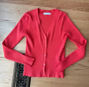 Mango Red Ribbed Fitted Button Front Cardigan Top M thumbnail 1