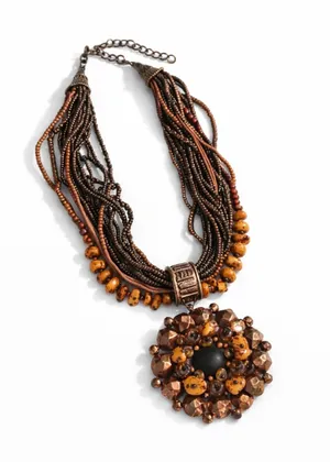 Brown Multi Strand Beaded Necklace Statement Pendant Boho Tribal 11” thumbnail 1
