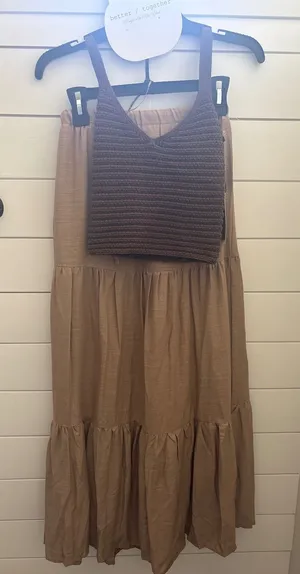 Better Together Crochet Halter Top and Tiered Maxi Skirt Set Brown Tan XS thumbnail 1