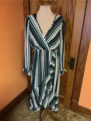 Jodifl Striped Faux Wrap Ruffle Midi Dress Size Medium Green Rust Boho thumbnail 9