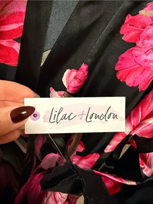 NWT Women's Lilac + London Floral Print Pink and Black Midi Wrap Robe L thumbnail 9