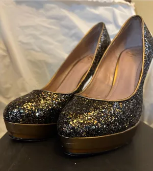 Vince Camuto Black and Gold Glitter Platform Pumps thumbnail 1
