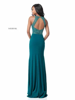 Sherri Hill Teal Beaded Halter Prom Gown with Side Slit thumbnail 2