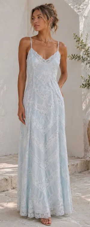 NWT LoveShackFancy Josanne Ice Blue Lace Maxi Slip Dress Size 0 thumbnail 1