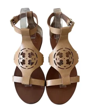 Tory Burch Zoey Leather Sandals‎ Tan Cutout Logo Flat Size 8 thumbnail 1