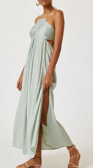 Anthropologie Women’s Halter Neck Tie Back Flowy Maxi Dress Sage Green Size M thumbnail 1