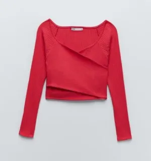 ZARA Red Long Sleeve cross wrap facade Top never worn thumbnail 1
