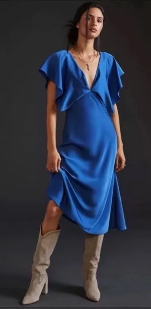 ANTHROPOLOGIE Sachin & Babi Ruffled Maxi Dress V-Neck Flutter Sleeves Blue 8 thumbnail 1