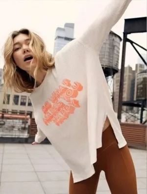 Aerie Do What Makes You Happy‎ Waffle Knit Thermal Top Oversized Medium Ivory thumbnail 1