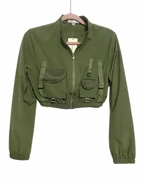 NWT Hot & Delicious Cropped Utility Cargo Jacket Small Olive Green Mesh Pockets thumbnail 1