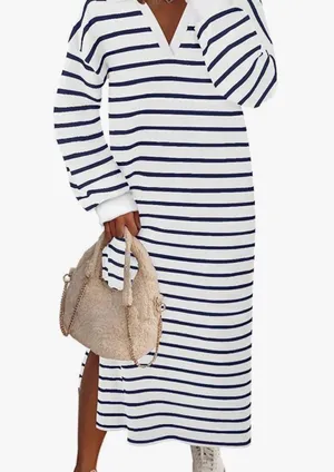 Blue and White Striped long sleeve dress stock pic is not the same color thumbnail 1