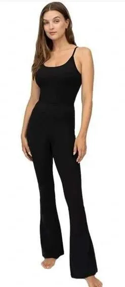 Yogalicious Lux Illusion Rib Scarlett Flare‎ Jumpsuit Black XS Yoga Athleisure thumbnail 1