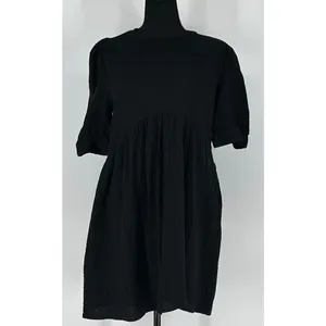 &merci Babydoll Dress Women Large Black Textured Gauze Puff Sleeve Crinkled Chic thumbnail 12