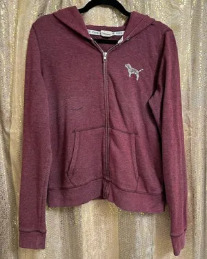 PINK Victorias Secret Maroon Silver Logo Sequin Bling Hoodie Zip Sweater Medium thumbnail 1