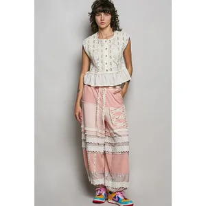 POL Round Neck‎ Lace Sleeveless Top with Double Gauze Ruffle - Small thumbnail 5