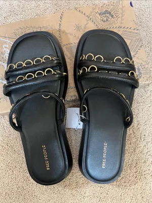 Free People Midas Touch Black Flatform Sandals with Gold Ring Trim thumbnail 3