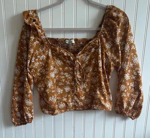 Brown and White Puff Sleeve Crop Blouse with Tie Front thumbnail 1