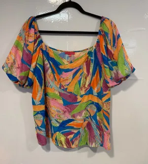Bright Multi-Color Flying Tomato Scoop Neck Puff Sleeve Top thumbnail 1
