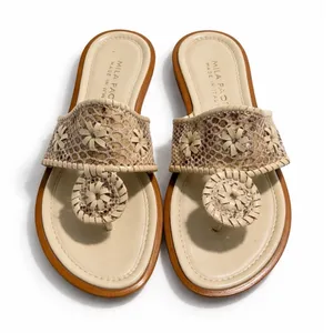 Mila Paoli Women's Beige Leather Flower Detail Thong Sandals Made in Italy US 7M thumbnail 1