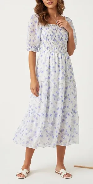 Sissyaki Blue Floral Smocked Midi Dress Square Neck Puff Sleeve Large thumbnail 1