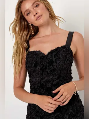 Lulu's Black Rosette Midi Dress with Tulle Ruffle Hem thumbnail 2